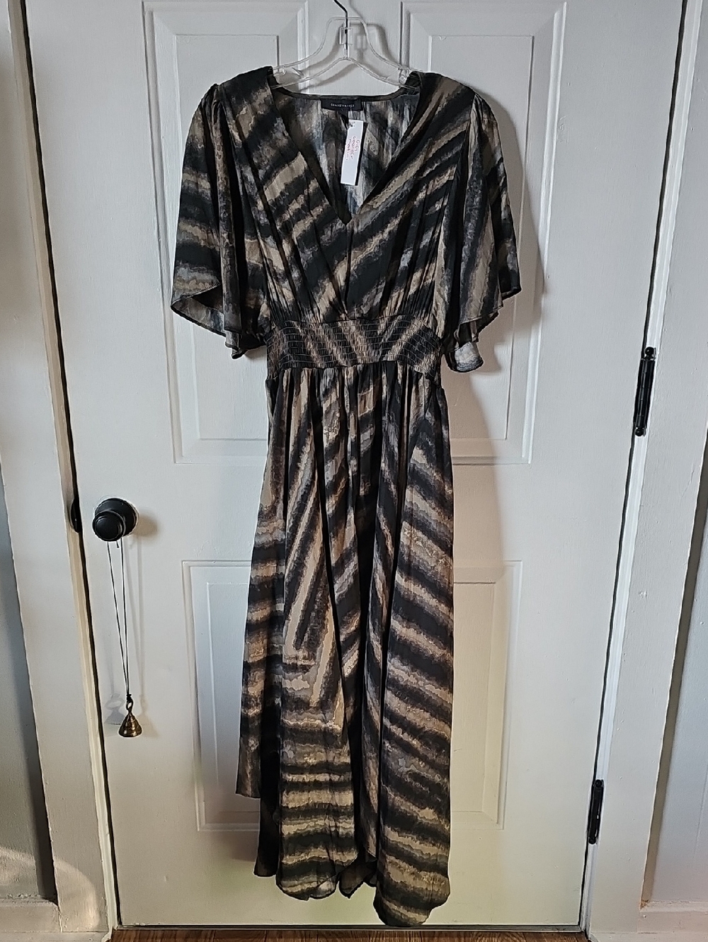 Grade & Gather Black and Beige Striped V-Neck Midi Dress